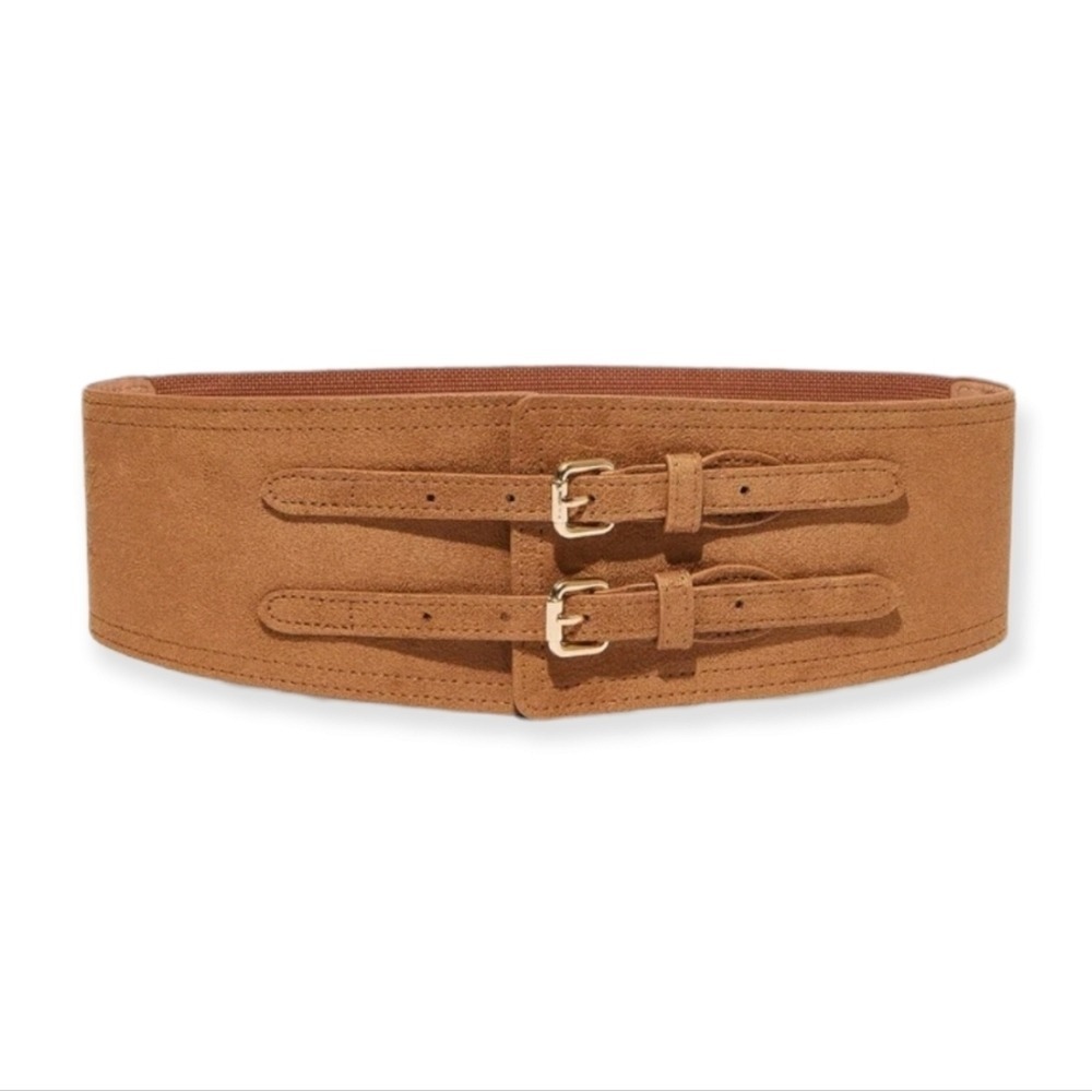 Western Wide faux suede leather waist belt double buckle Boho Brown corset - Picture 5 of 11